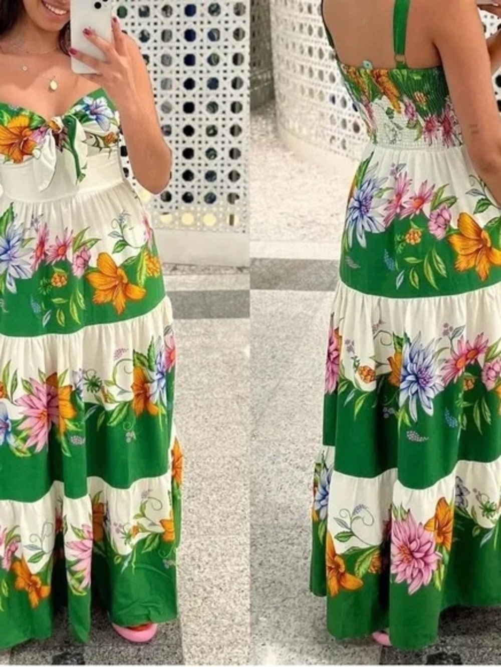 FARM Rio White Maxi Dress with Green Straps and Multicolor Floral Print - Picture 10 of 11